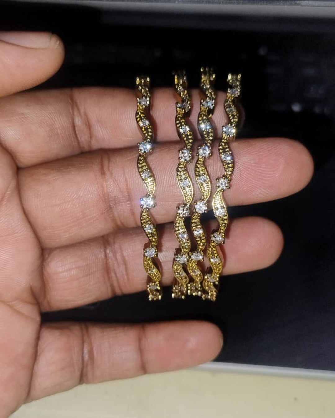Elegant Gold(Mehandi) Wave Zircon Designer Bangles Set of 4 | Premium Quality | CZ stone Bangles | American Diamond