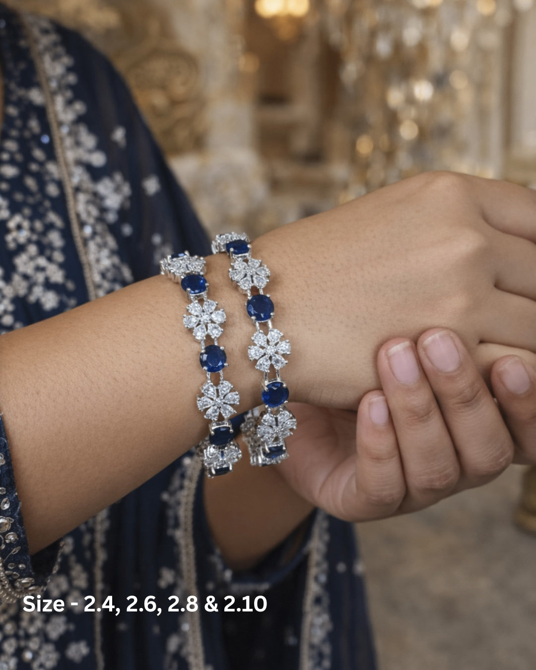 Rhodium Plated Blue Color Circle and Flower Zircon Stone Bangle (Set of 2) | Premium Quality | American Diamond | Party wear | TE-ADB-2212-007