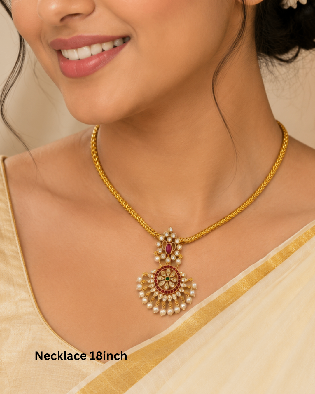 Classic Necklace Set with Ruby, Green Stones & Pearls