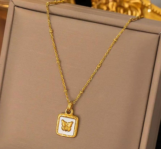 Butterfly Square Pendant Necklace | Stainless Steel Gold Plated | Anti-tarnish Necklace | Daily wear | TE-GPC-0511-012
