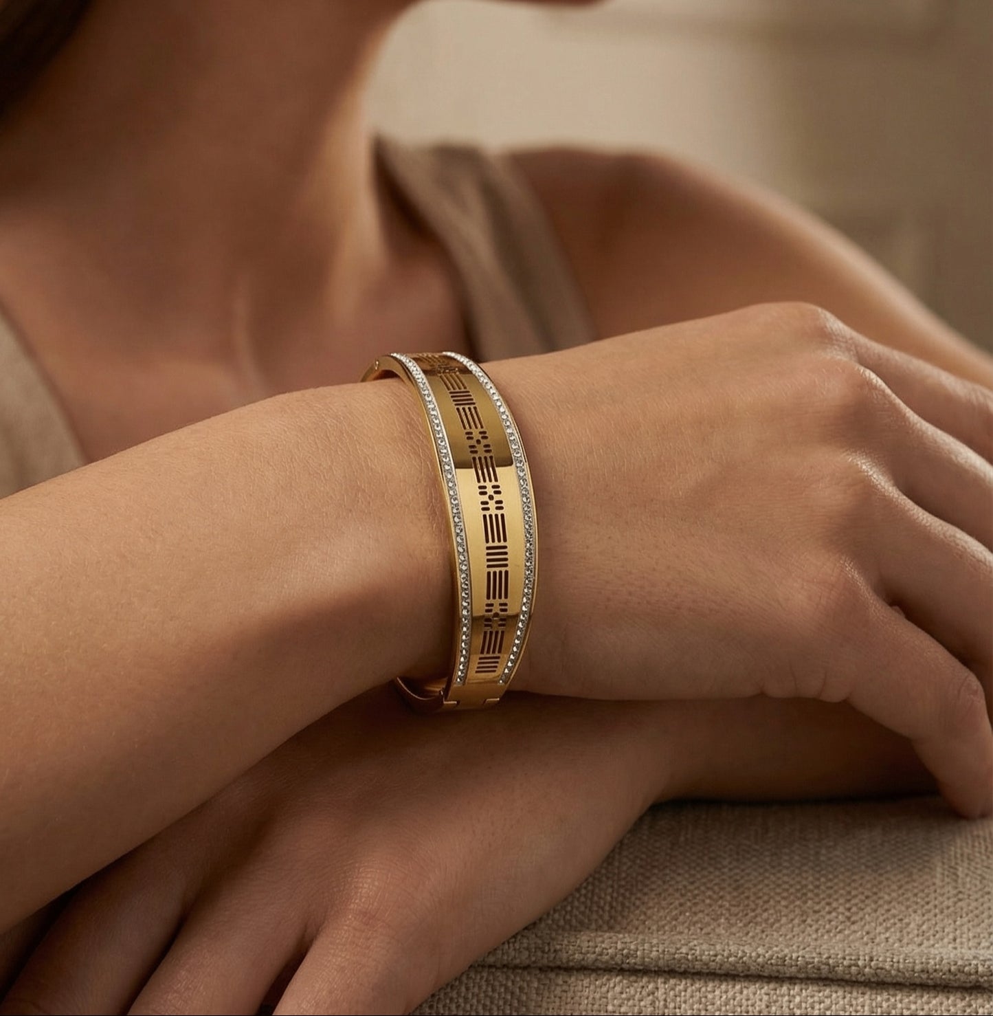 Elegant Gold Kada Bracelet with Stone Border & Laser Cut Design | Stainless Steel Gold Plated | Women Anti-tarnish bracelet | Kada Bracelet | TE/GPK/2511/009