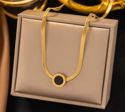 Round Roman Numeral Black Enamel Necklace | Stainless Steel Gold Plated | Anti-tarnish Necklace | Daily wear | TE-GPC-0511-009