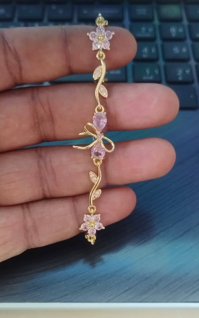 Gold Plated Pink Floral Stone Bracelet with Leaf Design | Premium Quality | Cubic Zirconia