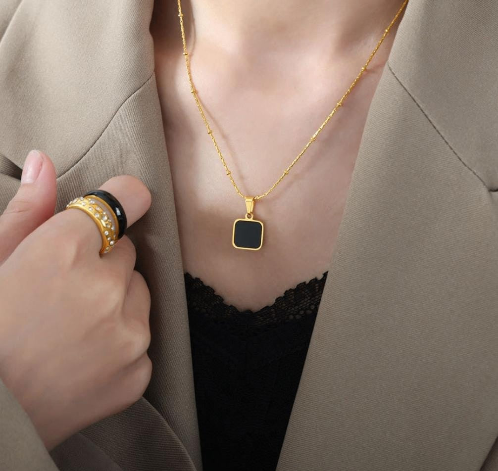 Black Square Pendant Necklace | Stainless Steel Gold Plated | Anti-tarnish Necklace | Daily wear | TE-GPC-0511-010