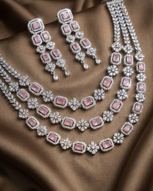 Luxury Pink Gemstone Diamond Necklace Set with Earrings | Premium Quality | American Diamond | Party wear | TE-ADNE-2212-003