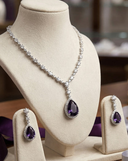 Amethyst Teardrop American Diamond Necklace Set with Earrings | Premium Quality | American Diamond | Party wear | TE-ADNE-2212-006