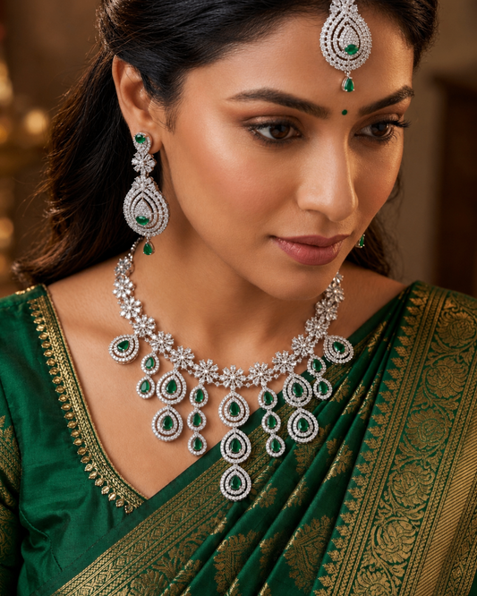 Emerald Royale Green Bridal Necklace Set with Earring & Maang Tikka | Premium Quality | American Diamond | Party wear