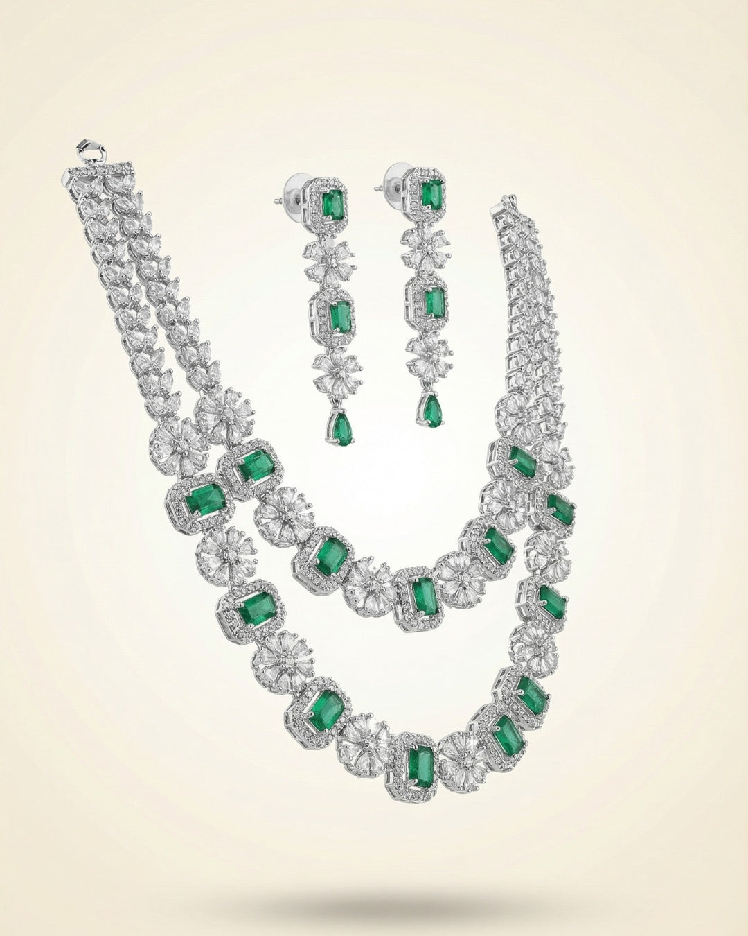 Emerald Diamond 2 Layer Necklace Set with Long Earrings | Premium Quality | American Diamond | Party wear | TE-ADNE-2212-005