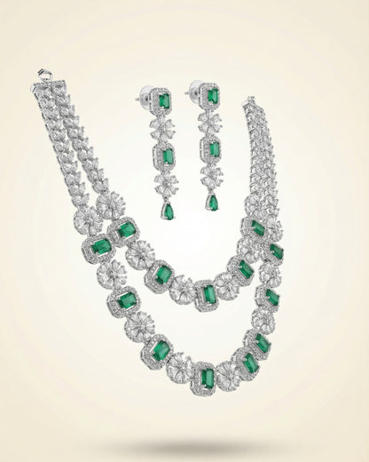 Emerald Diamond 2 Layer Necklace Set with Long Earrings | Premium Quality | American Diamond | Party wear | TE-ADNE-2212-005
