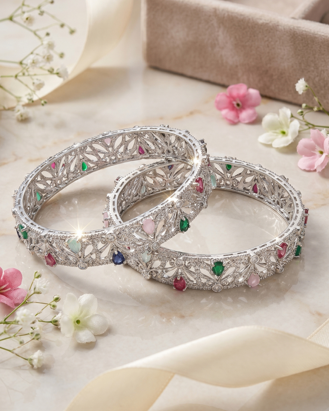 Rhodium Plated Celestia Bloom Multicolor Stone Bangles (Set of 2) | Premium Quality | American Diamond | Party wear