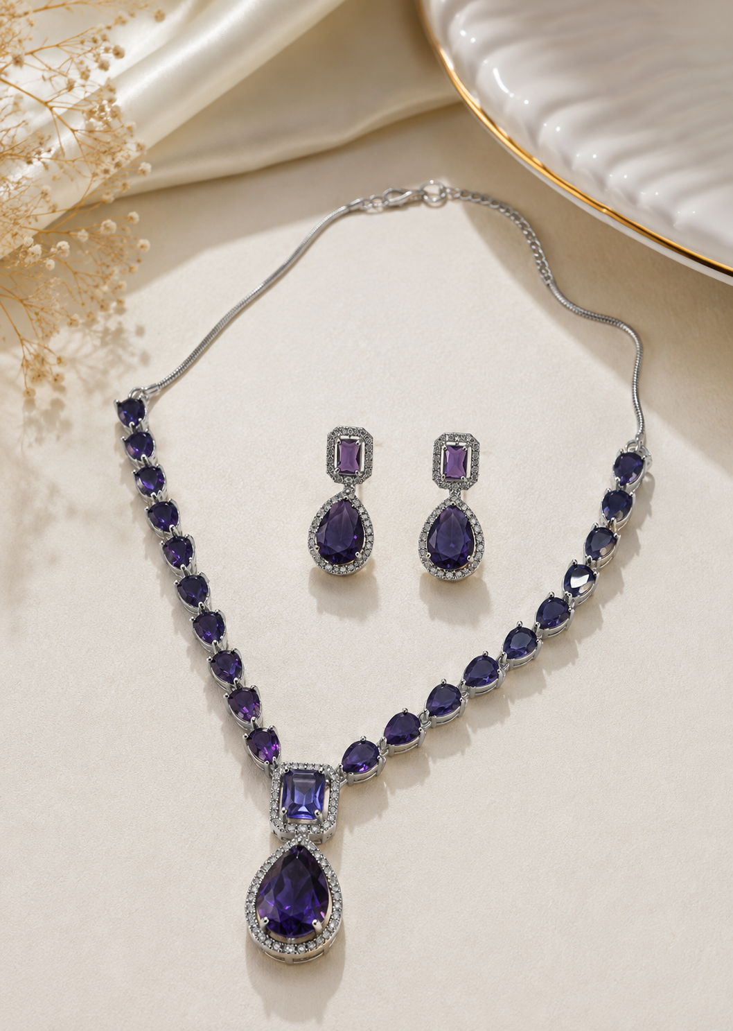 Purple AD Necklace and Earrings Set for Women | Premium Quality | American Diamond | Party wear