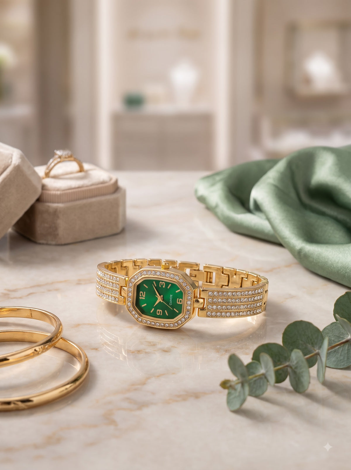 Green Crystal Gold-Tone Bracelet Watch for Women