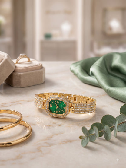 Green Crystal Gold-Tone Bracelet Watch for Women