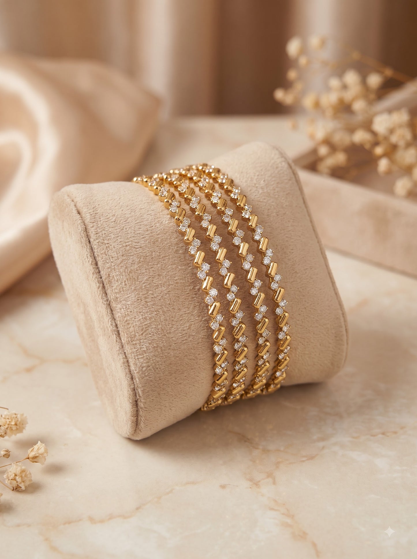 Antique Gold Plated American Diamond Woven Bracelet for Women | Premium AD Bangles