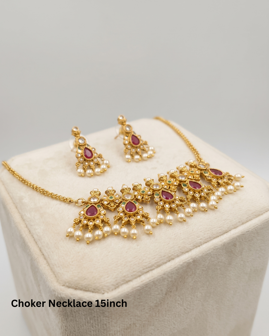 Luxury Gold-Tone Ruby & Green Stone CZ Choker Necklace Set with Pearl Drop Earrings