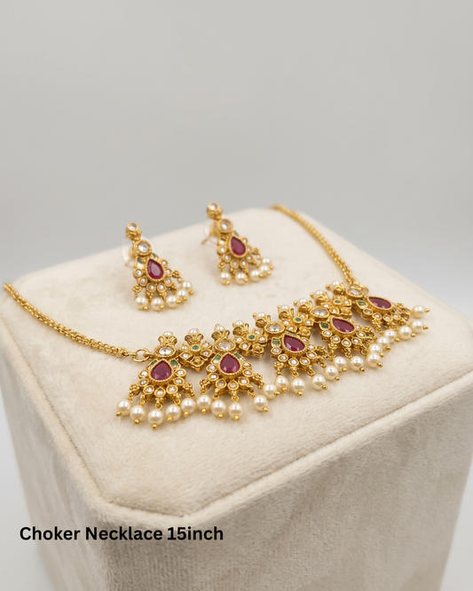 Luxury Gold-Tone Ruby & Green Stone CZ Choker Necklace Set with Pearl Drop Earrings