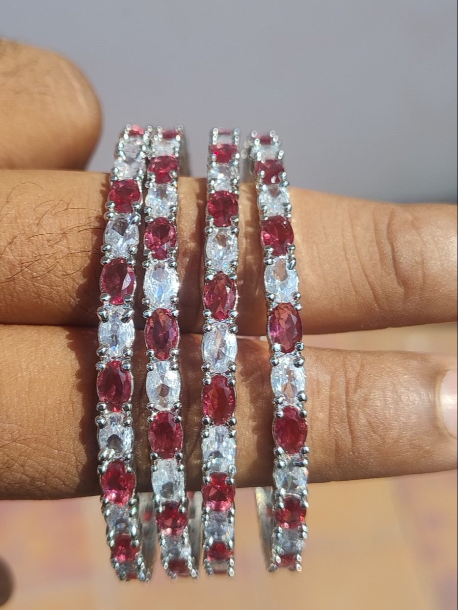 Elegant Rhodium plated Set of 4 Ruby and white CZ stone Bangles | American Diamond
