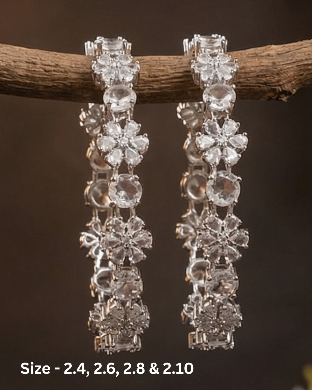 Rhodium Plated White Color Circle and Flower Zircon Stone Bangle (Set of 2) | Premium Quality | American Diamond | Party wear | TE-ADB-2212-008