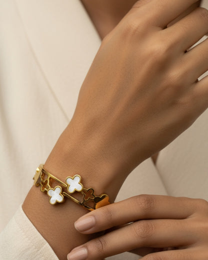 Elegant White Clover Bracelet | Stainless Steel Gold Plated | Women Anti-tarnish bracelet | Kada Bracelet | TE/GPK/2511/008