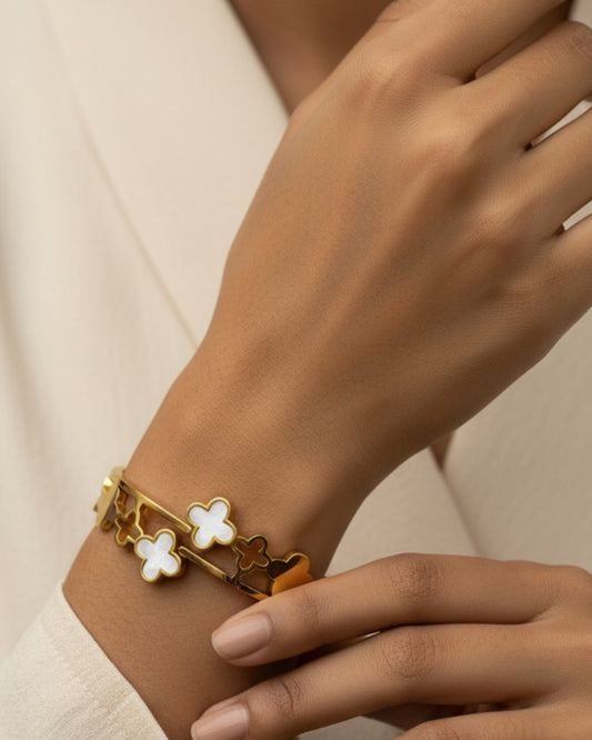 Elegant White Clover Bracelet | Stainless Steel Gold Plated | Women Anti-tarnish bracelet | Kada Bracelet | TE/GPK/2511/008