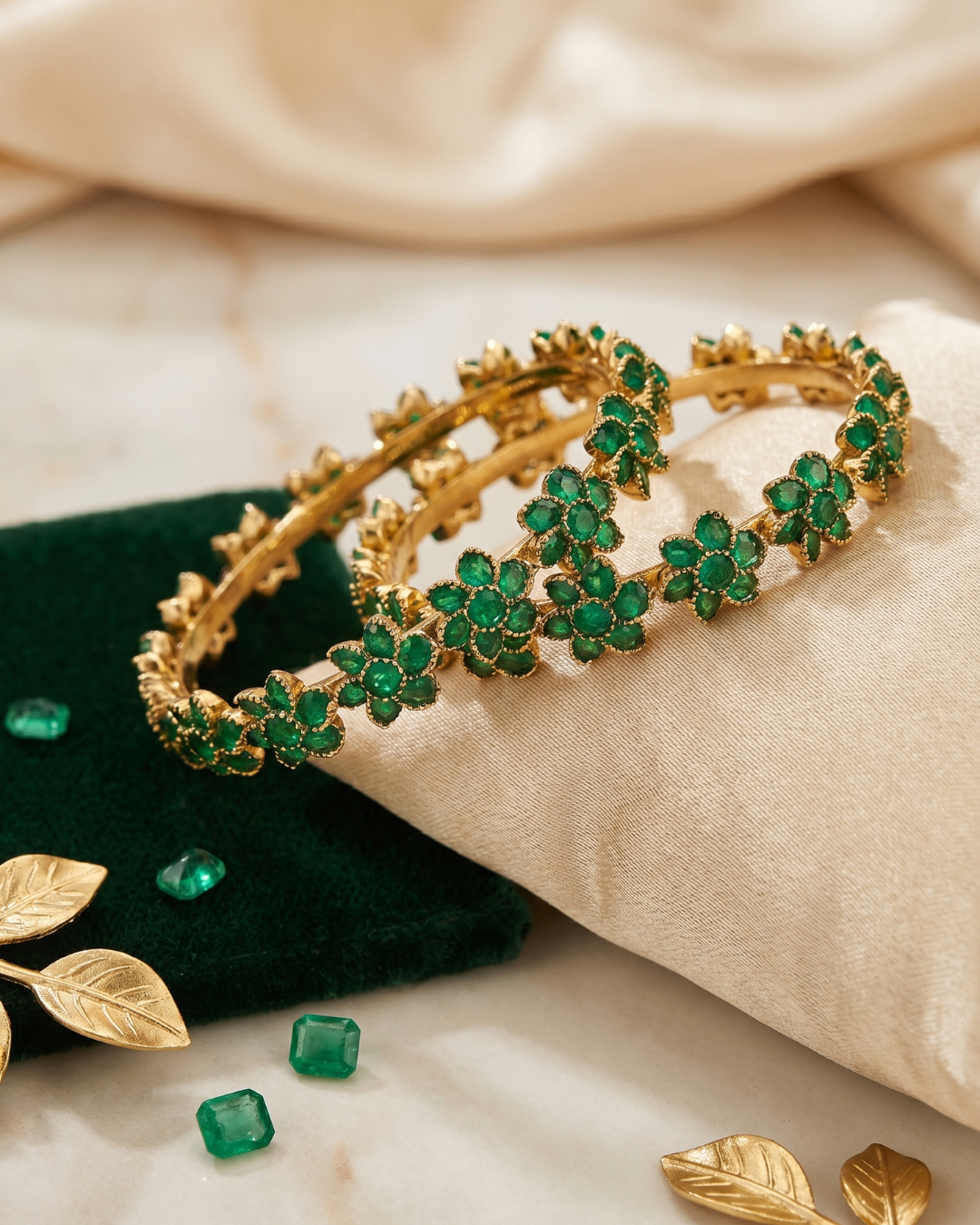 Emerald Green Bloom Floral Bangles (Set of 2) | Premium Quality | American Diamond | Party wear