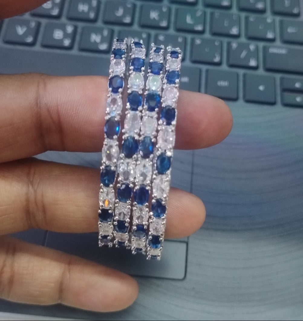 Rhodium Plated Blue Sapphire Cubic Zirconia Bangle Set of 4 | American Diamond