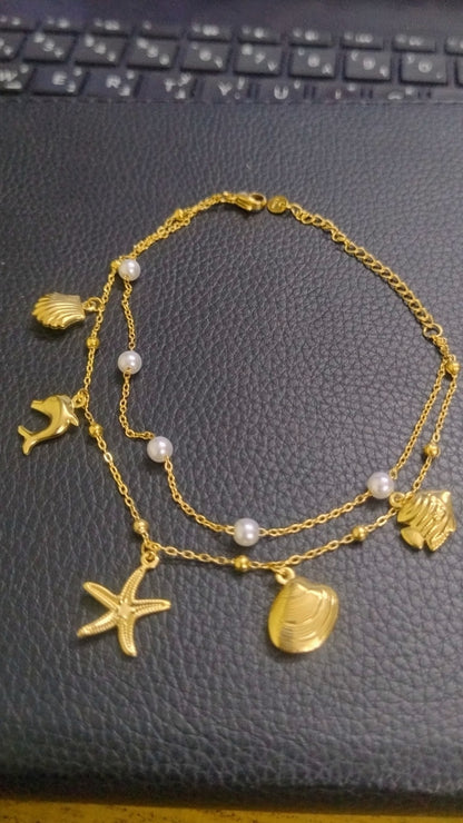 2 Layer Pearl and Ocean Charm Anklet (Single Piece) | Premium Quality | Daily wear | TE-ANK-2912-002