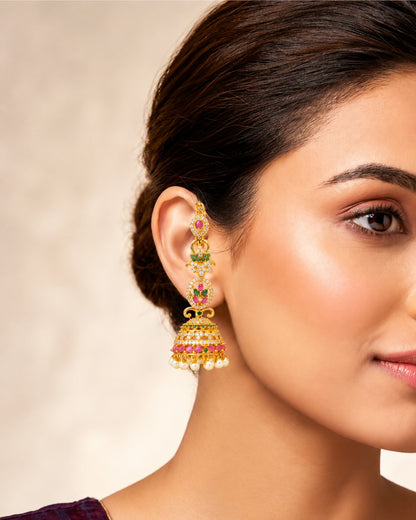 Premium Gold-Plated Jhumka with Ear Chain (Mattal) - Matte Finish