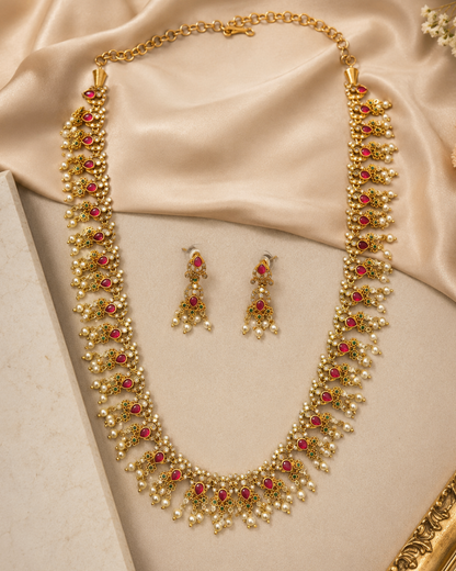 Premium Gold-Plated(Matte) Ethnic Necklace Set with Ruby & Pearl Drops