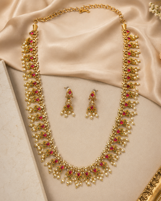 Premium Gold-Plated(Matte) Ethnic Necklace Set with Ruby & Pearl Drops