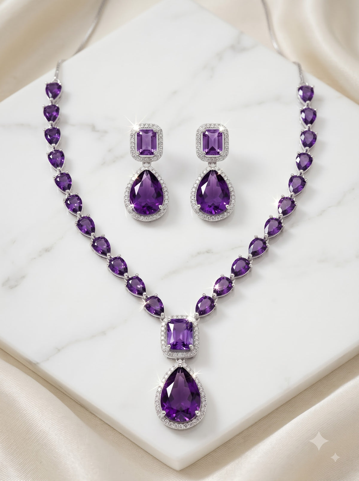 Purple AD Necklace and Earrings Set for Women | Premium Quality | American Diamond | Party wear