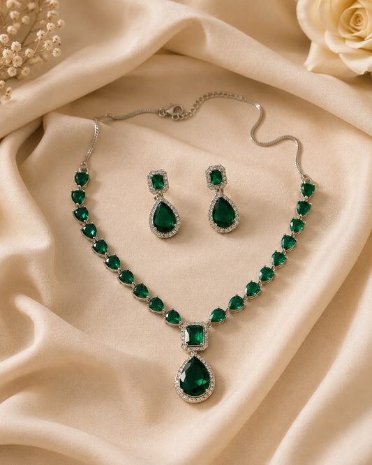 Emerald Green AD Necklace and Earrings Set for Women | Premium Quality | American Diamond | Party wear