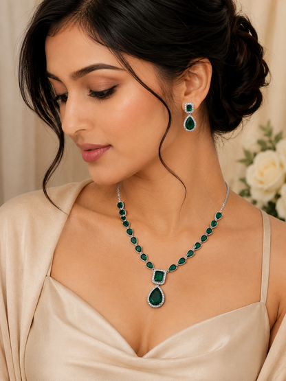 Emerald Green AD Necklace and Earrings Set for Women | Premium Quality | American Diamond | Party wear