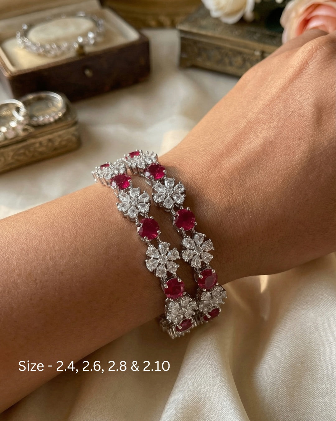Rhodium Plated Ruby Red Circle and Flower Zircon Stone Bangle (Set of 2) | Premium Quality | American Diamond | Party wear | TE-ADB-2212-005