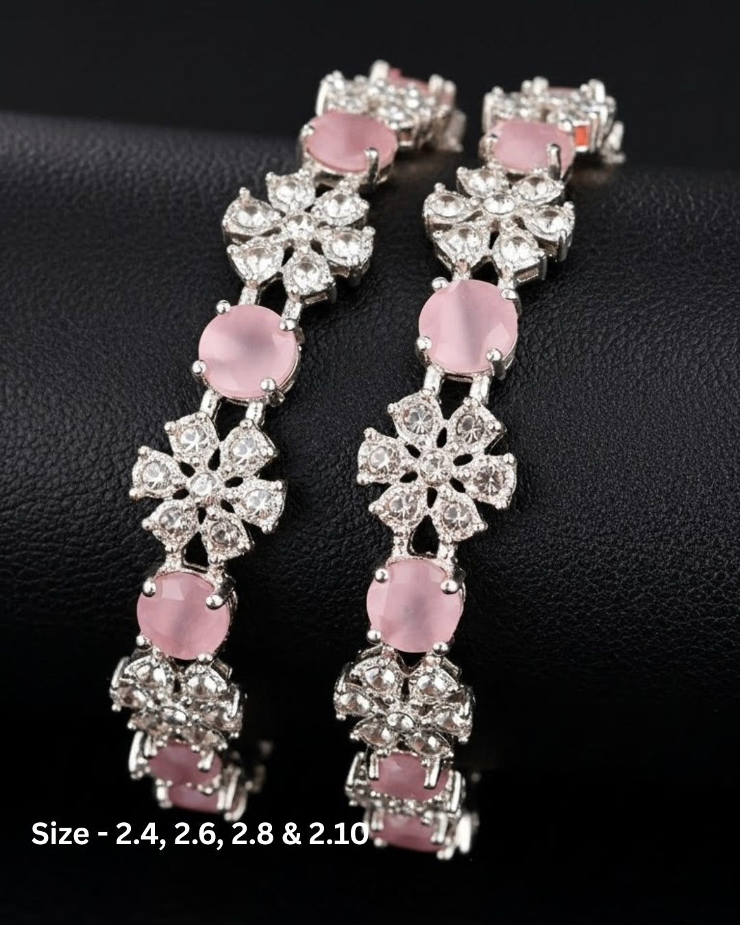 Rhodium Plated Pink Color Circle and Flower Zircon Stone Bangle (Set of 2) | Premium Quality | American Diamond | Party wear | TE-ADB-2212-006