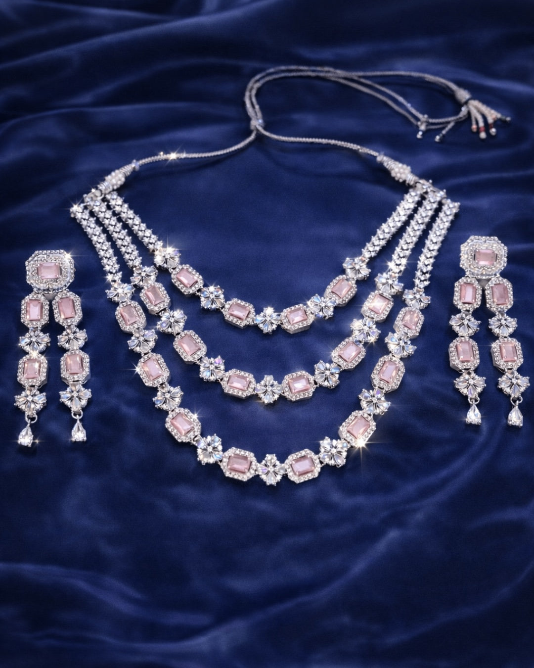 Luxury Pink Gemstone Diamond Necklace Set with Earrings | Premium Quality | American Diamond | Party wear | TE-ADNE-2212-003
