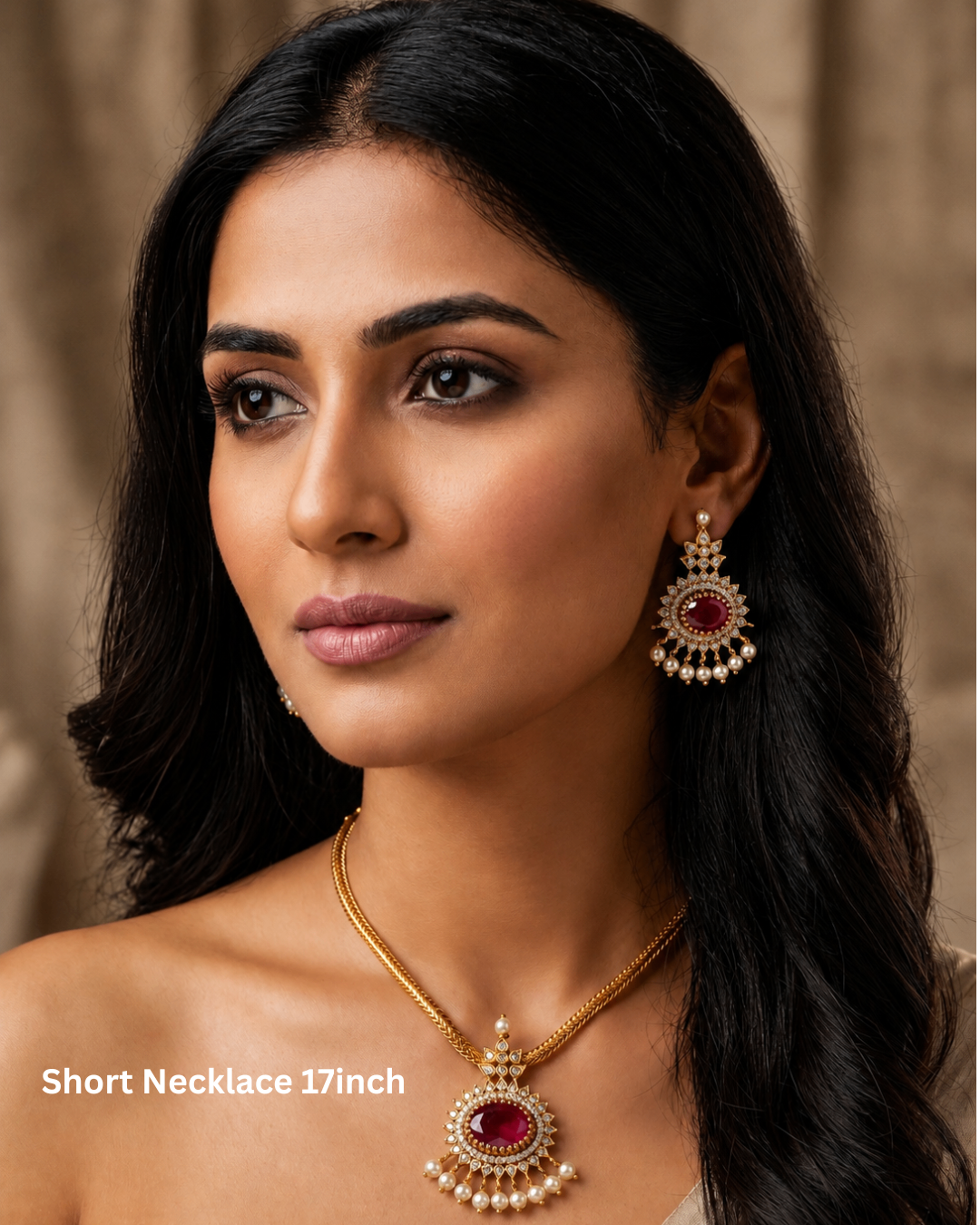 Elegant Gold-Tone Ruby Stone Pendant Necklace Set with Pearl Drop Earrings
