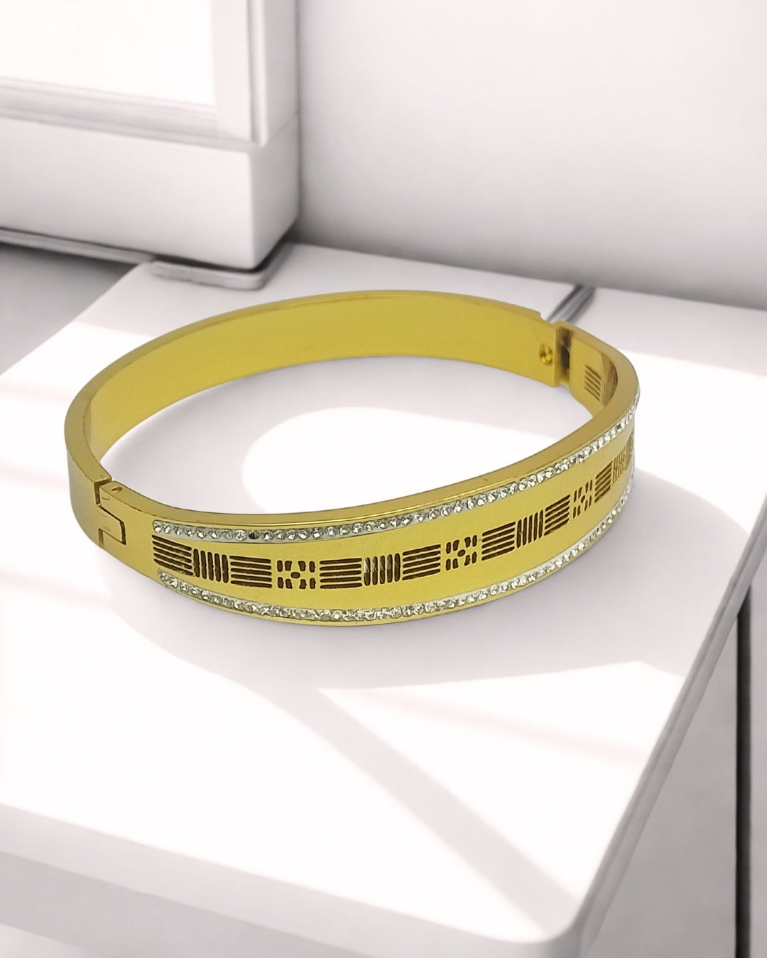 Elegant Gold Kada Bracelet with Stone Border & Laser Cut Design | Stainless Steel Gold Plated | Women Anti-tarnish bracelet | Kada Bracelet | TE/GPK/2511/009