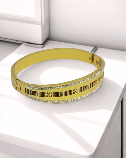 Elegant Gold Kada Bracelet with Stone Border & Laser Cut Design | Stainless Steel Gold Plated | Women Anti-tarnish bracelet | Kada Bracelet | TE/GPK/2511/009