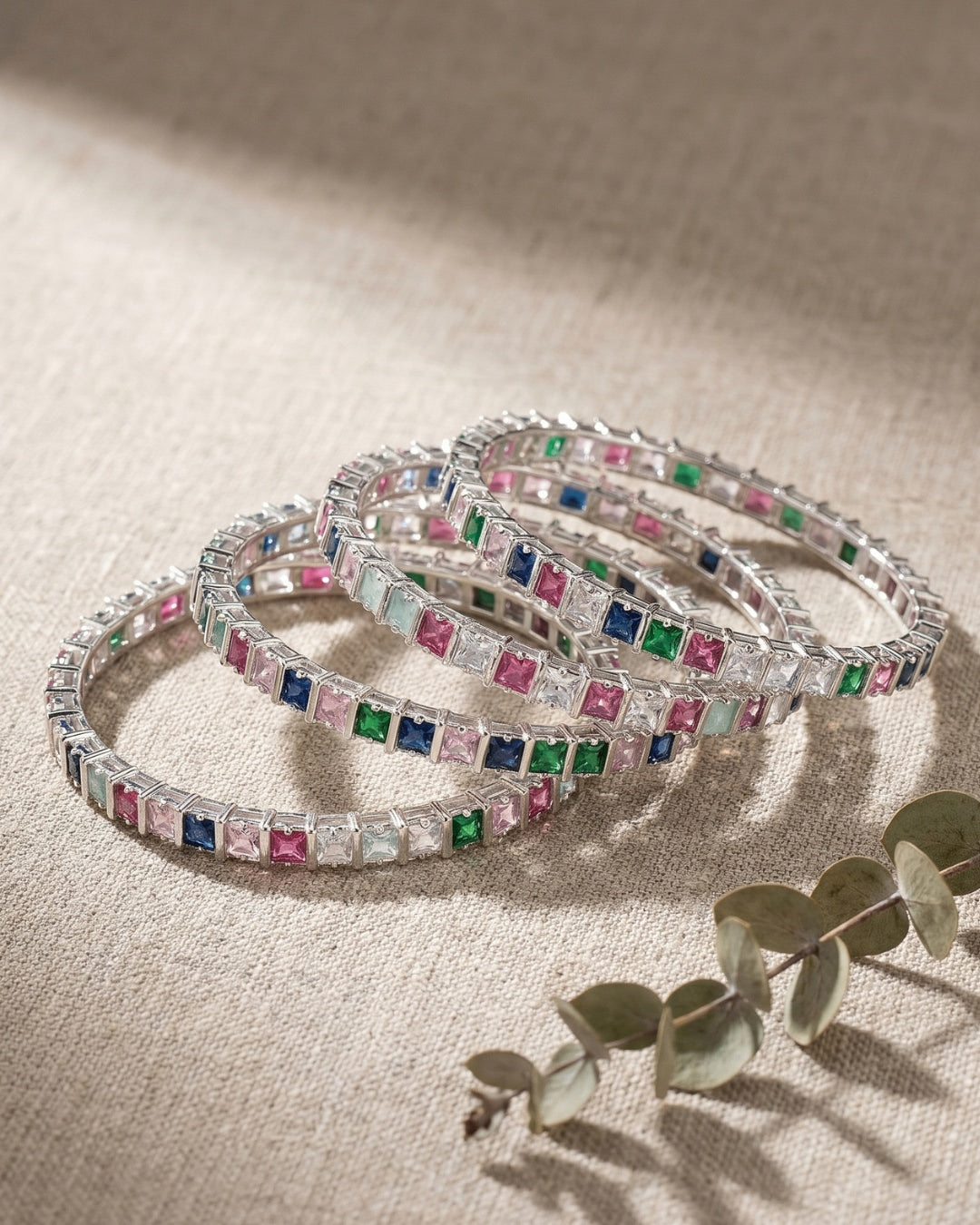 Elegant Multicolor Princess Cut Zircon Bangles Set of 4 | Premium Quality | CZ stone Bangles | American Diamond