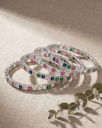 Elegant Multicolor Princess Cut Zircon Bangles Set of 4 | Premium Quality | CZ stone Bangles | American Diamond