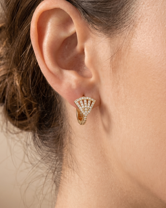 Radiant Fan Shape Diamond Studded Gold Plated Hoop Earrings
