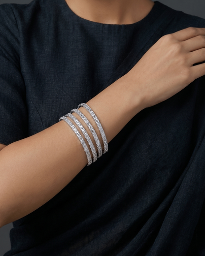 Luxury Silver Princess Cut Zircon Bangles Set of 4 | Premium Quality | CZ stone Bangles | American Diamond