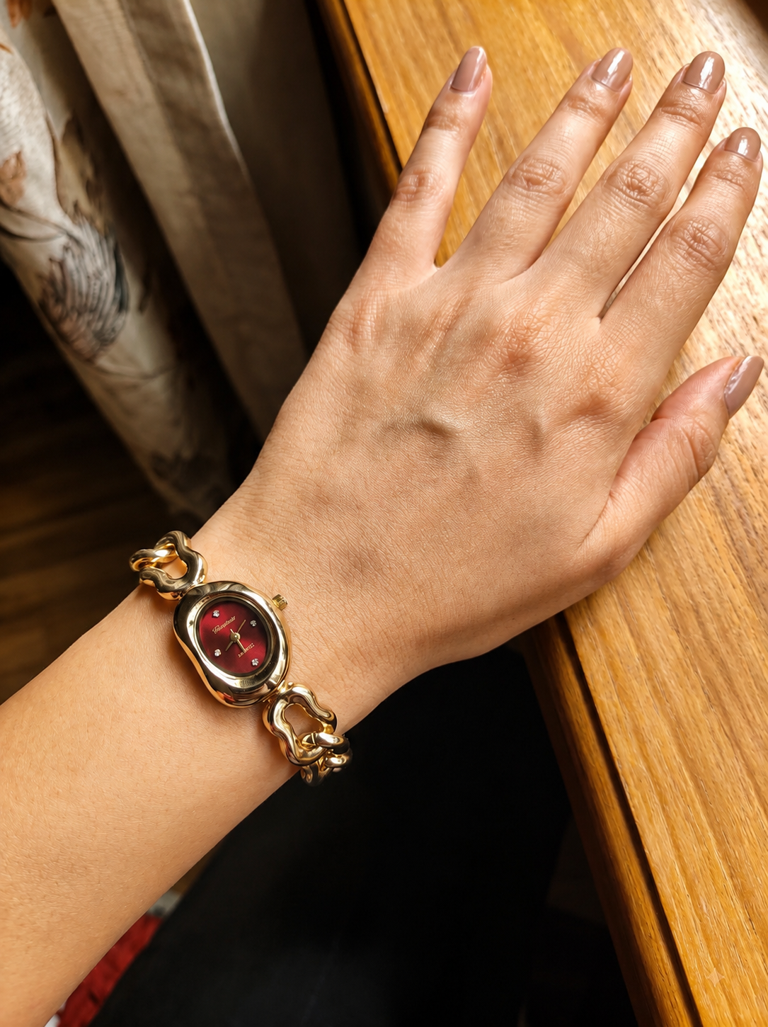 Gold Tone Oval Chain Bracelet Watch for Women with Red Dial