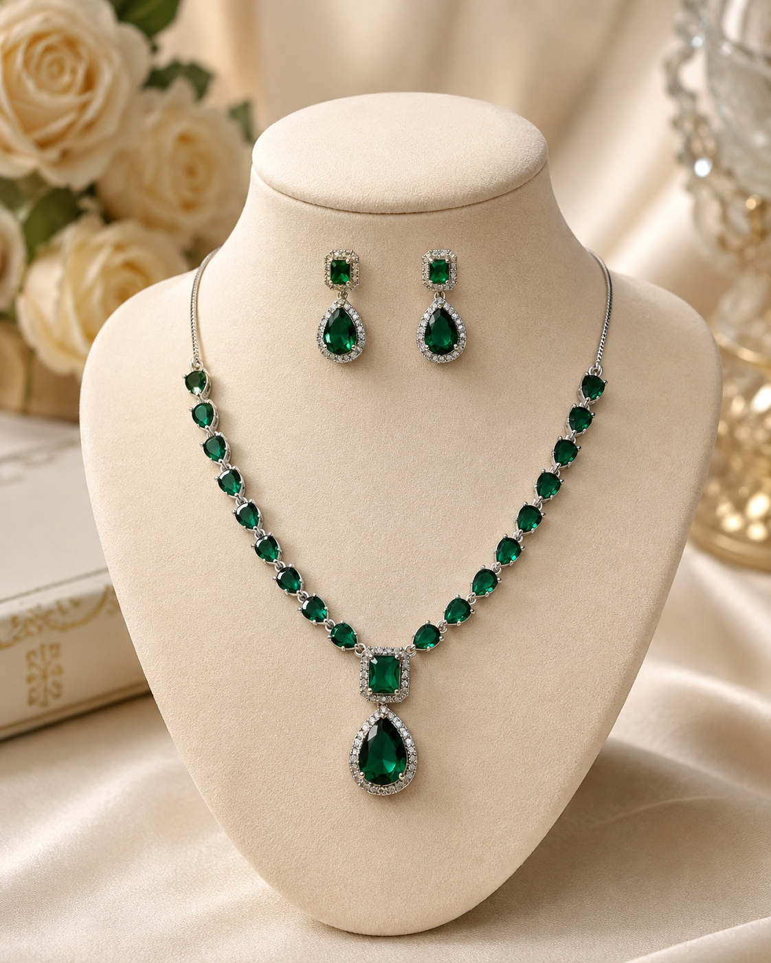 Emerald Green AD Necklace and Earrings Set for Women | Premium Quality | American Diamond | Party wear