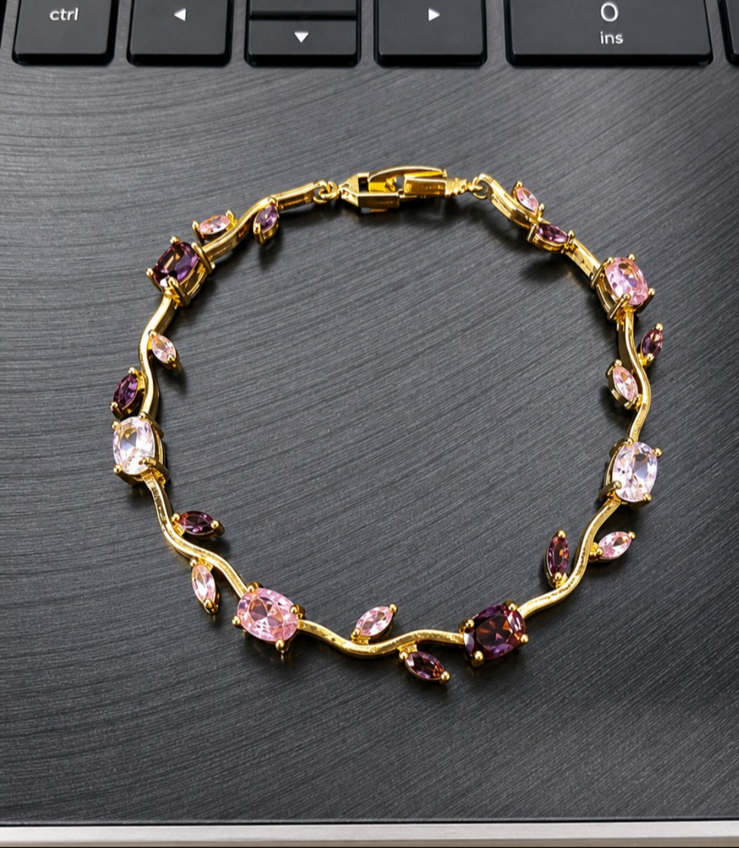 Elegant Pink, White & Purple Tulip Stone Gold Plated Bracelet