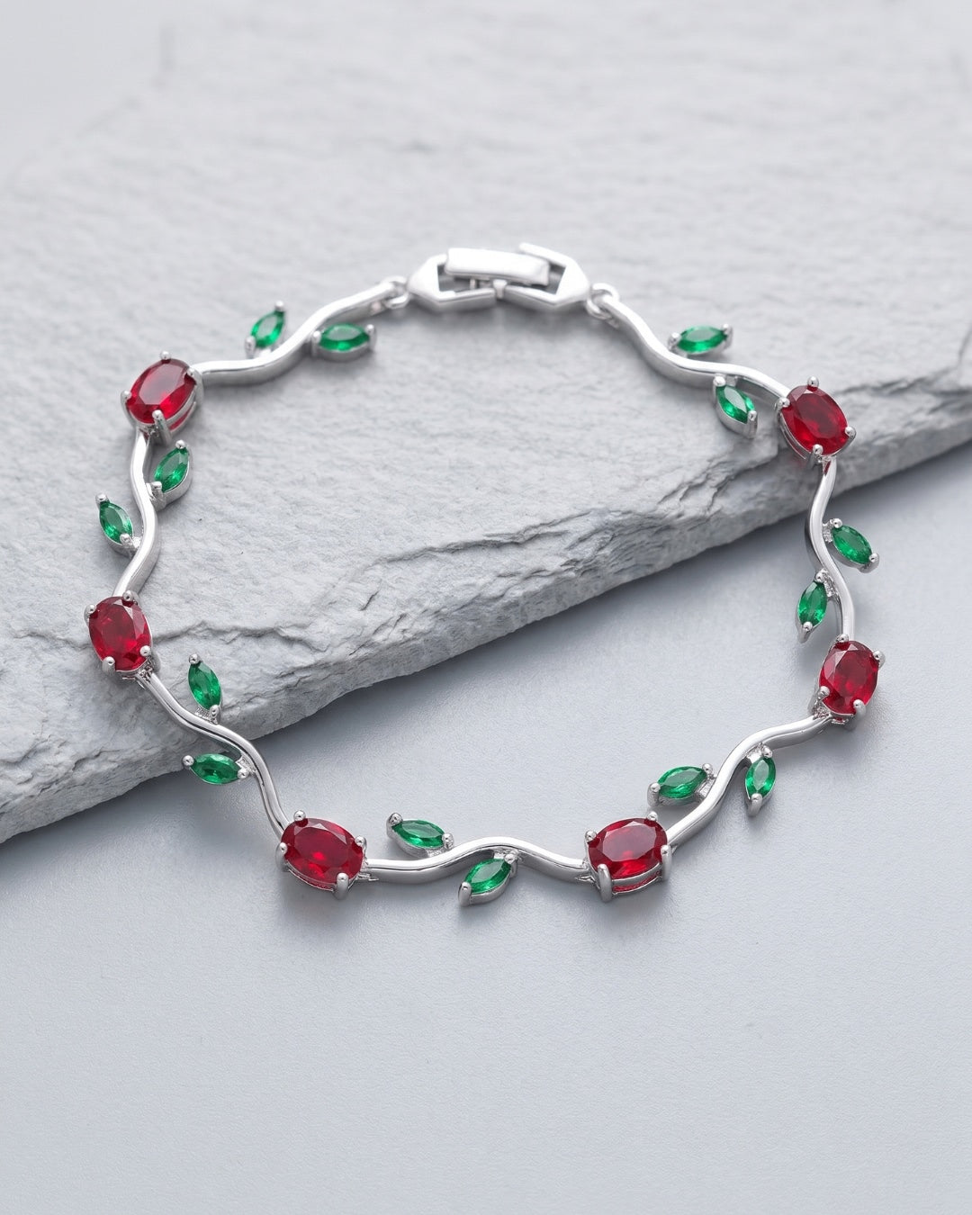 Silver Tone Tulip Bracelet with Red & Green Stones | Premium Quality | Cubic Zirconia