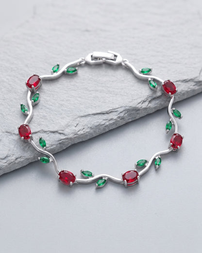 Silver Tone Tulip Bracelet with Red & Green Stones | Premium Quality | Cubic Zirconia