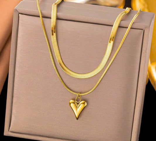 Double Layer Heart Necklace | Stainless Steel Gold Plated | Anti-tarnish Necklace | Daily wear | TE-GPC-0511-016