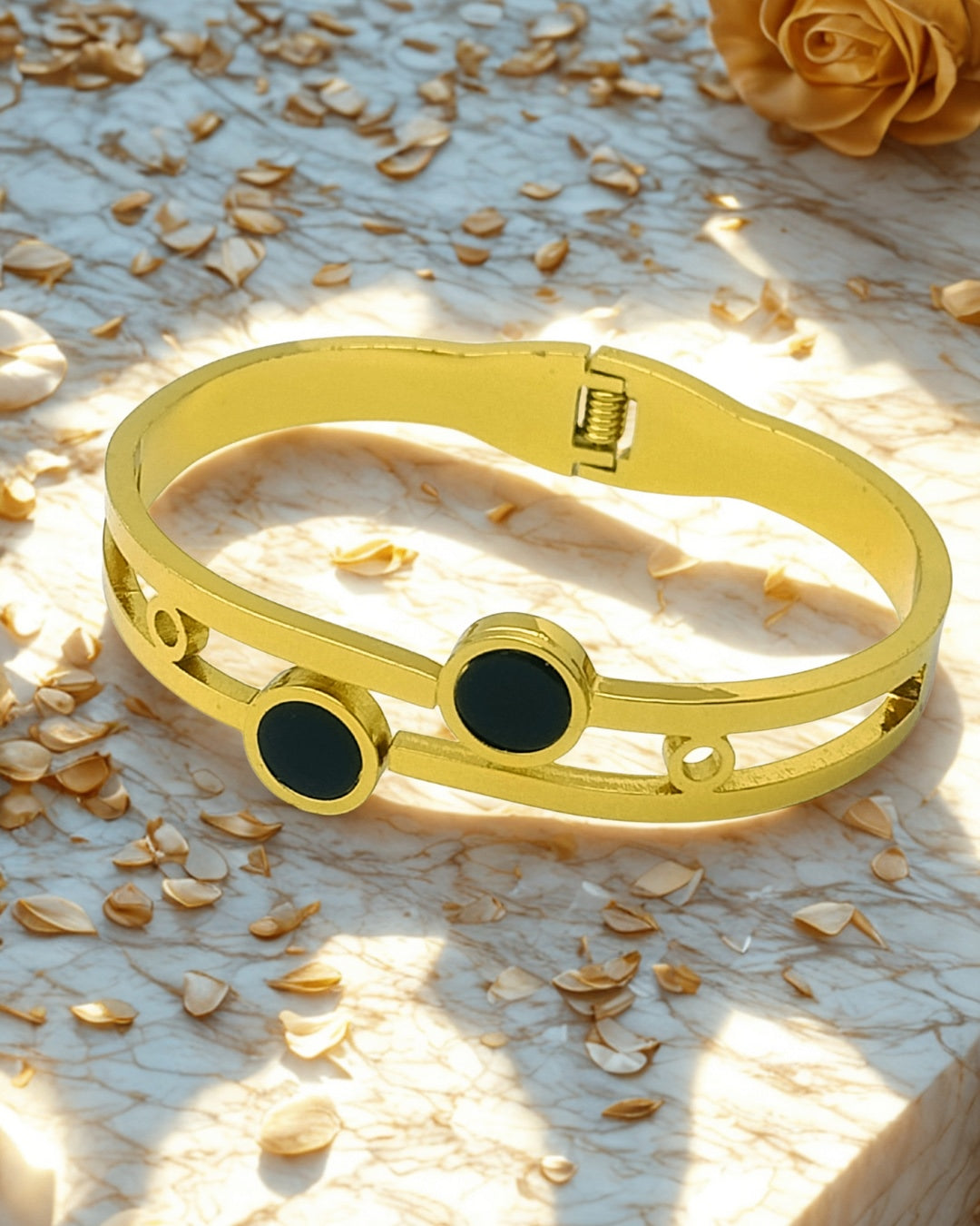 Black Round Accents Gold-Plated Bracelet | Premium Quality | Elegant Kids Jewelry | Stainless Steel Gold Plated | TE-GPKB-2311-006